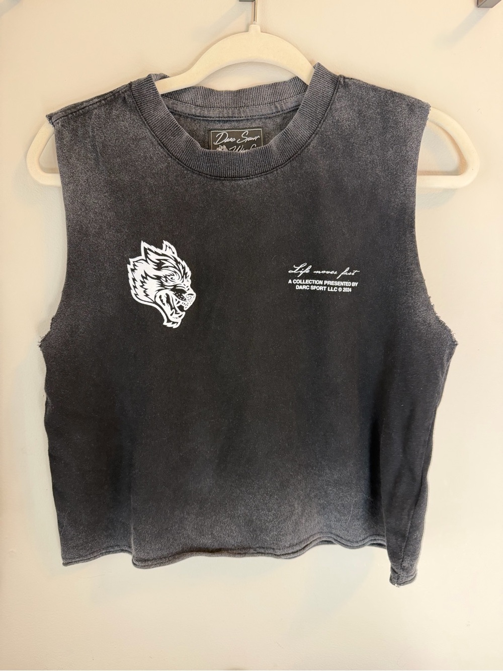 Darc Sport Life Moves Fast Black Wash Sleeveless Tank with White Wolf Graphic